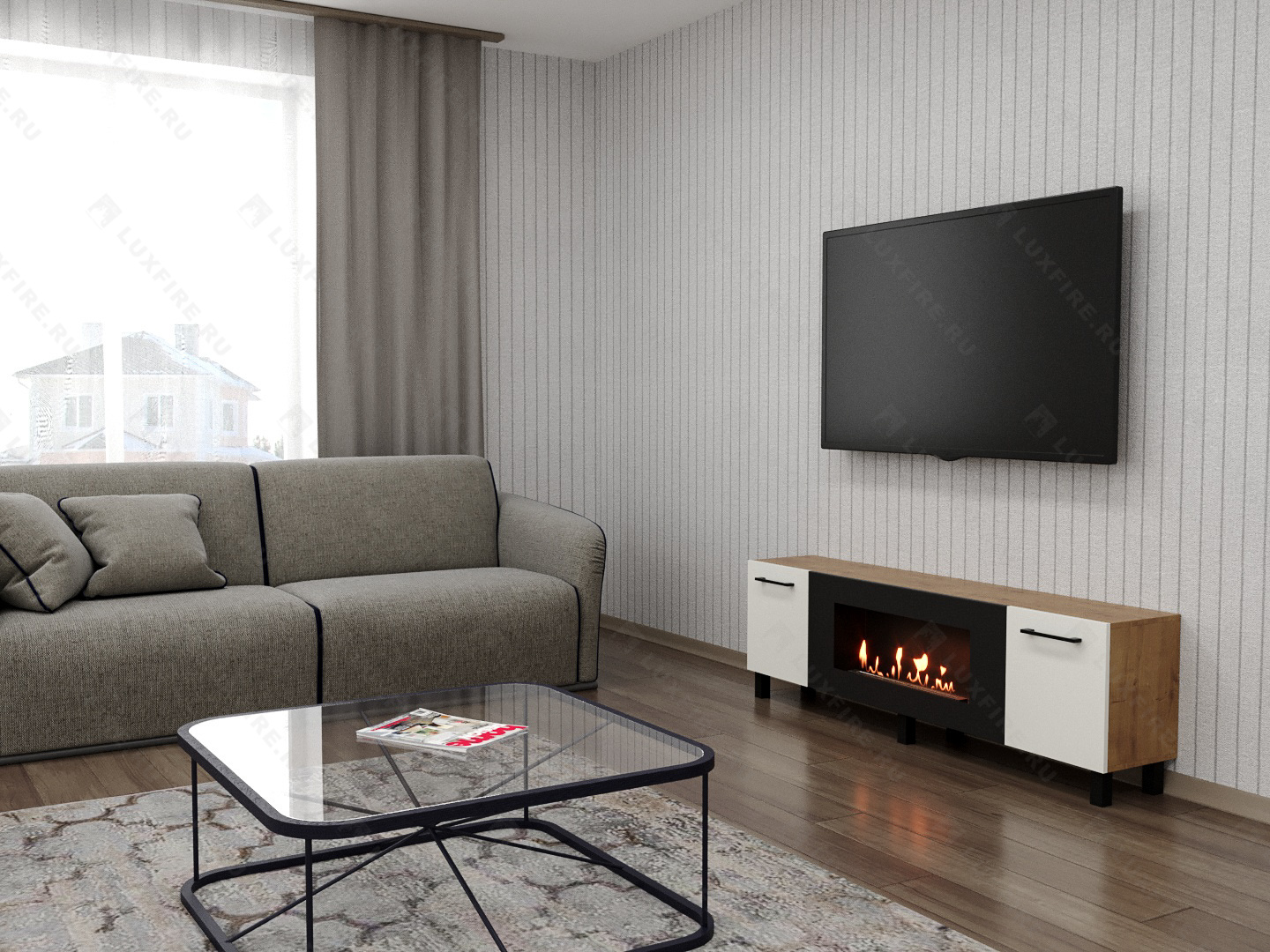 Тумба универсальная Lux Fire "Байкал Р" с ножками 1600, дуб вотан/белый матовый с биокамином 900 по цене 72 954 руб.